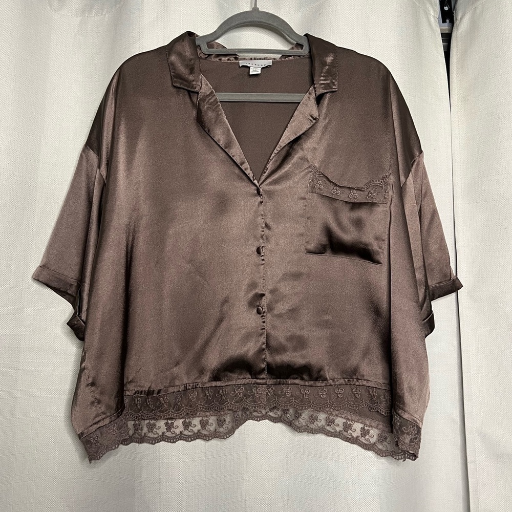 Topshop Purplish Grey Satin Lace Pajama Top Medium - Picture 2 of 8